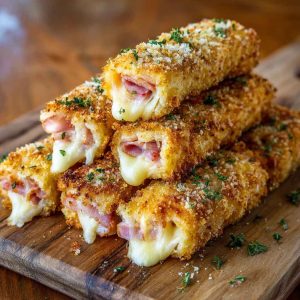 Golden baked ham and cheese sticks with melted cheese and savory ham wrapped in flaky pastry, served warm with dipping sauce.