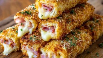 Golden baked ham and cheese sticks with melted cheese and savory ham wrapped in flaky pastry, served warm with dipping sauce.