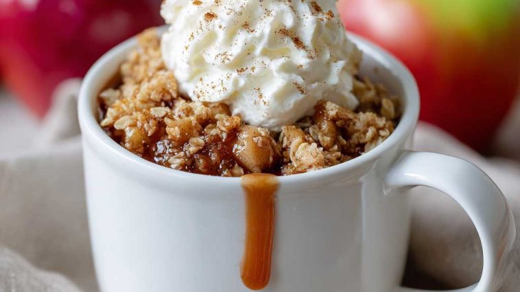 Protein apple crisp in a mug topped with golden oat crumble, warm cinnamon apples, and a dollop of Greek yogurt, served as a quick single-serve dessert.