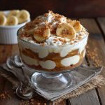 Cottage cheese banana pudding served in a glass dish with layers of creamy cottage cheese, sliced bananas, vanilla wafers, and whipped topping, garnished with fresh banana slices.