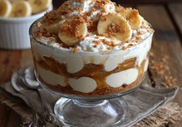 Cottage cheese banana pudding served in a glass dish with layers of creamy cottage cheese, sliced bananas, vanilla wafers, and whipped topping, garnished with fresh banana slices.
