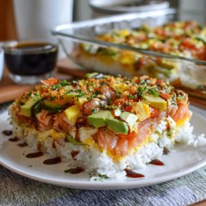 Easy sushi bake with layers of rice, crab, and creamy sauce baked golden in a casserole dish.
