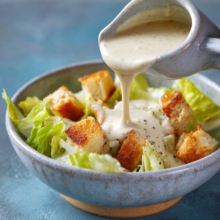 Homemade Caesar dressing made with cottage cheese, blended until creamy, served in a glass jar with fresh romaine lettuce and Parmesan cheese on the side.