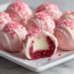 No-bake pink velvet cheesecake bites topped with whipped cream and sprinkles, served on a tray as bite-sized desserts with a creamy pink filling and cookie crust.