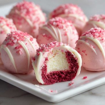No-bake pink velvet cheesecake bites topped with whipped cream and sprinkles, served on a tray as bite-sized desserts with a creamy pink filling and cookie crust.
