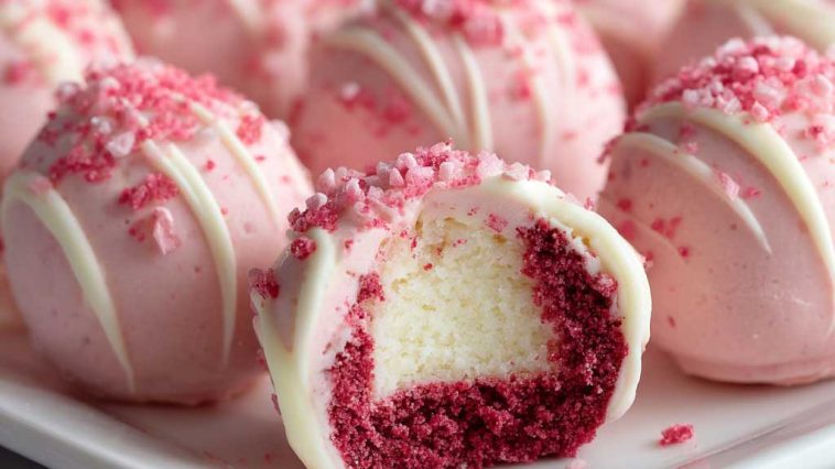 No-bake pink velvet cheesecake bites topped with whipped cream and sprinkles, served on a tray as bite-sized desserts with a creamy pink filling and cookie crust.
