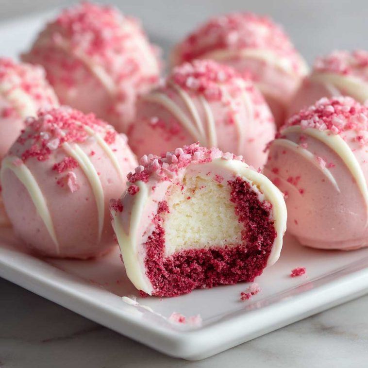 No-bake pink velvet cheesecake bites topped with whipped cream and sprinkles, served on a tray as bite-sized desserts with a creamy pink filling and cookie crust.