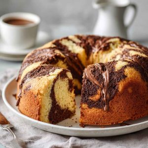 Soft and moist marble cake sliced to reveal swirls of vanilla and chocolate, served on a wooden board with a dusting of powdered sugar.
