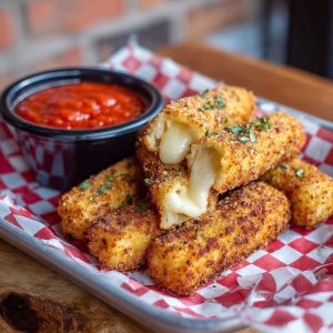 Nashville Hot Mozzarella Stick coated in spicy crispy crust, golden brown, served with a side of dipping sauce.