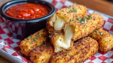 Nashville Hot Mozzarella Stick coated in spicy crispy crust, golden brown, served with a side of dipping sauce.