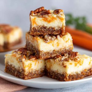 Cream cheese bars with carrot cake flavor, topped with creamy frosting and sprinkled with cinnamon, served on a tray with fresh carrot shavings.