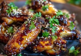 Sticky pineapple-teriyaki chicken wings glazed with sweet and savory sauce, garnished with sesame seeds and green onions, served on a platter.