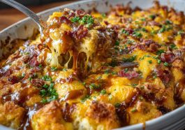 Crazy good casserole with golden melted cheese baked in a dish, served hot.