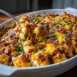 Crazy good casserole with golden melted cheese baked in a dish, served hot.