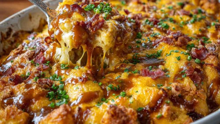 Crazy good casserole with golden melted cheese baked in a dish, served hot.
