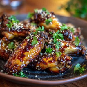 Sticky pineapple-teriyaki chicken wings glazed with sweet and savory sauce, garnished with sesame seeds and green onions, served on a platter.