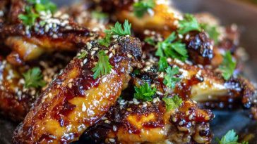 Sticky pineapple-teriyaki chicken wings glazed with sweet and savory sauce, garnished with sesame seeds and green onions, served on a platter.