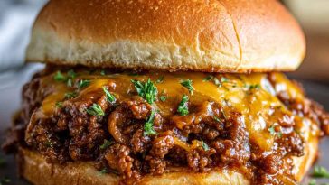 French onion beef sloppy joes topped with melted cheese, served on toasted buns with caramelized onions and savory beef filling, garnished with parsley.