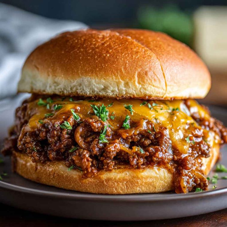 French onion beef sloppy joes topped with melted cheese, served on toasted buns with caramelized onions and savory beef filling, garnished with parsley.