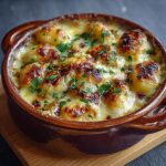 Mouthwatering baked French onion gnocchi in a casserole dish, topped with caramelized onions, golden melted cheese, and pillowy gnocchi, garnished with fresh thyme.
