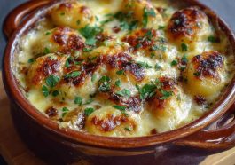 Mouthwatering baked French onion gnocchi in a casserole dish, topped with caramelized onions, golden melted cheese, and pillowy gnocchi, garnished with fresh thyme.