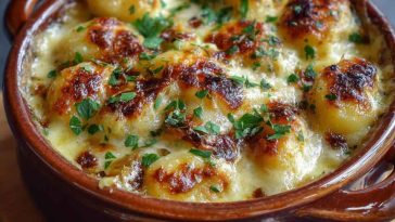 Mouthwatering baked French onion gnocchi in a casserole dish, topped with caramelized onions, golden melted cheese, and pillowy gnocchi, garnished with fresh thyme.
