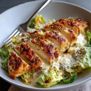 Creamy Parmesan baked Caesar chicken served in a casserole dish, garnished with fresh parsley.