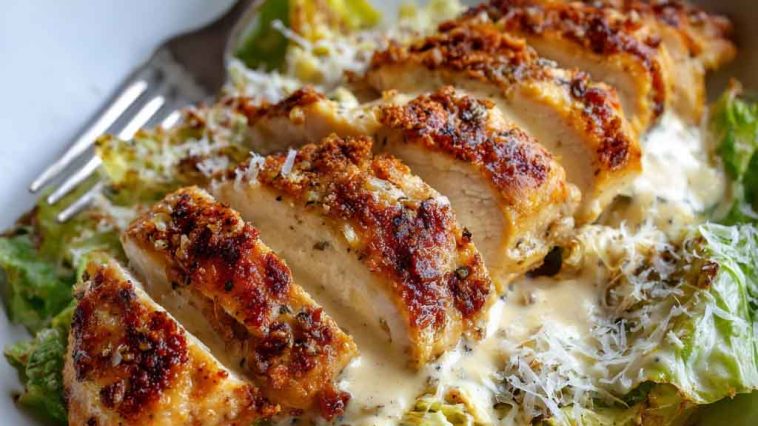 Creamy Parmesan baked Caesar chicken served in a casserole dish, garnished with fresh parsley.