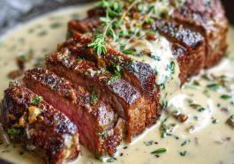 Seared steak topped with bourbon garlic cream sauce, served on a plate with fresh herbs and roasted vegetables.