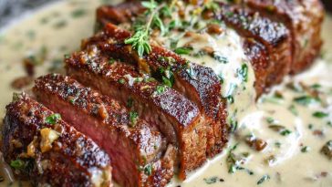 Seared steak topped with bourbon garlic cream sauce, served on a plate with fresh herbs and roasted vegetables.