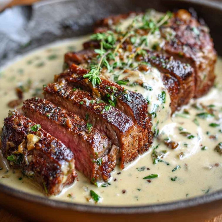 Seared steak topped with bourbon garlic cream sauce, served on a plate with fresh herbs and roasted vegetables.