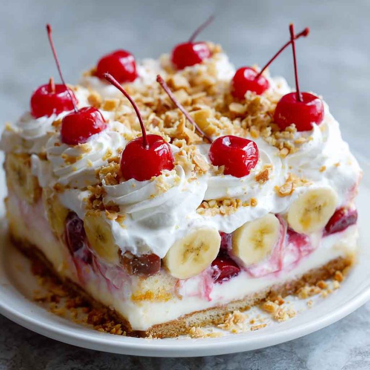 Slice of no bake banana split cake topped with whipped cream, nuts, and a cherry.