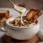 Cottage cheese mushroom soup served in a rustic bowl with creamy broth, tender mushrooms, cottage cheese, and fresh herbs, garnished with parsley.