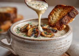 Cottage cheese mushroom soup served in a rustic bowl with creamy broth, tender mushrooms, cottage cheese, and fresh herbs, garnished with parsley.