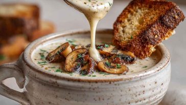 Cottage cheese mushroom soup served in a rustic bowl with creamy broth, tender mushrooms, cottage cheese, and fresh herbs, garnished with parsley.