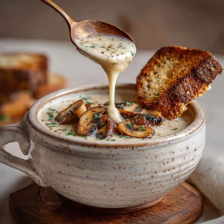 Cottage cheese mushroom soup served in a rustic bowl with creamy broth, tender mushrooms, cottage cheese, and fresh herbs, garnished with parsley.