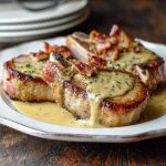 Maple bacon pork chops topped with creamy Dijon mustard sauce, served in a skillet with crispy bacon pieces and fresh herbs for a savory comfort food dish.