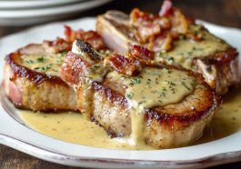 Maple bacon pork chops topped with creamy Dijon mustard sauce, served in a skillet with crispy bacon pieces and fresh herbs for a savory comfort food dish.