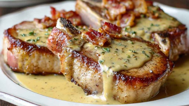 Maple bacon pork chops topped with creamy Dijon mustard sauce, served in a skillet with crispy bacon pieces and fresh herbs for a savory comfort food dish.