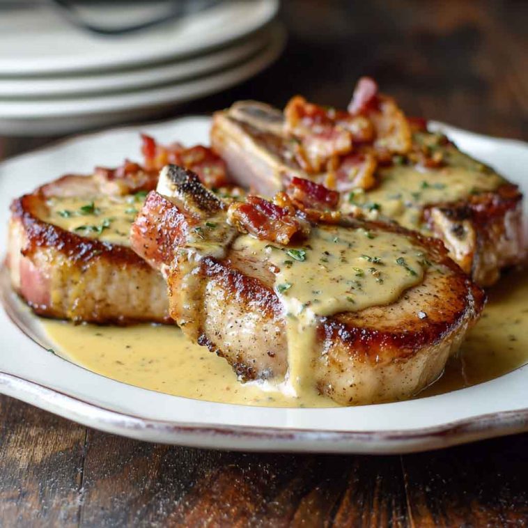 Maple bacon pork chops topped with creamy Dijon mustard sauce, served in a skillet with crispy bacon pieces and fresh herbs for a savory comfort food dish.