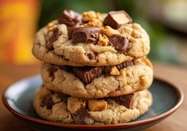 Triple Reese’s peanut butter cookies stacked on a plate, loaded with Reese’s Pieces, peanut butter chips, and chunks of Reese’s cups, golden brown and chewy.
