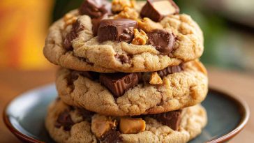 Triple Reese’s peanut butter cookies stacked on a plate, loaded with Reese’s Pieces, peanut butter chips, and chunks of Reese’s cups, golden brown and chewy.