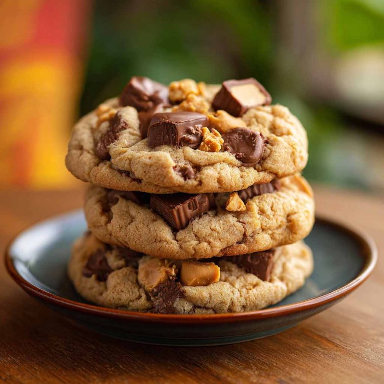 Triple Reese’s peanut butter cookies stacked on a plate, loaded with Reese’s Pieces, peanut butter chips, and chunks of Reese’s cups, golden brown and chewy.