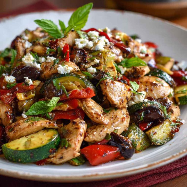 Mediterranean chicken stir-fry cooked with colorful bell peppers, zucchini, onions, and cherry tomatoes, tossed in olive oil and herbs, served in a skillet as a healthy 30-minute dinner.