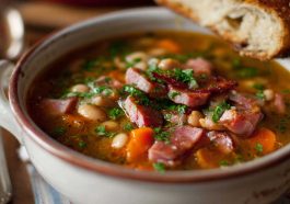 Hearty ham and bean soup with tender beans, smoky ham chunks, carrots, celery, and herbs simmered in a savory broth, served in a rustic bowl.