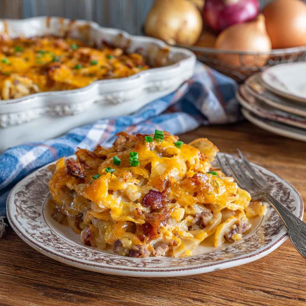 Amish harvest casserole baked golden brown in a rustic dish, filled with layers of ground beef, vegetables, rice, and a savory sauce, topped with melted cheese.