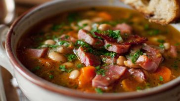 Hearty ham and bean soup with tender beans, smoky ham chunks, carrots, celery, and herbs simmered in a savory broth, served in a rustic bowl.