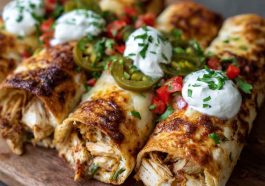 Spicy Hatch chili chicken taquito rolls baked golden brown, filled with shredded chicken, Hatch green chilies, melted cheese, and spices, served with salsa and sour cream.