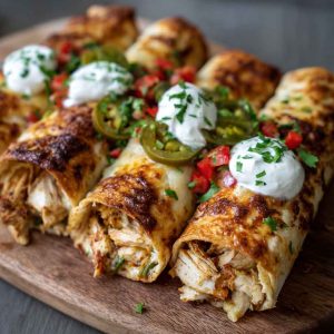 Spicy Hatch chili chicken taquito rolls baked golden brown, filled with shredded chicken, Hatch green chilies, melted cheese, and spices, served with salsa and sour cream.