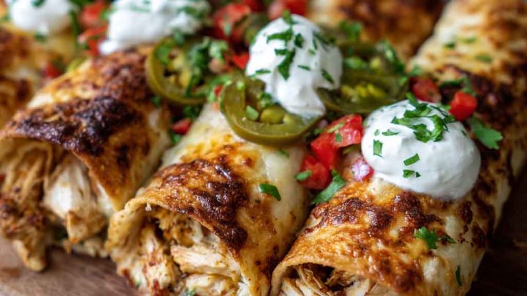 Spicy Hatch chili chicken taquito rolls baked golden brown, filled with shredded chicken, Hatch green chilies, melted cheese, and spices, served with salsa and sour cream.